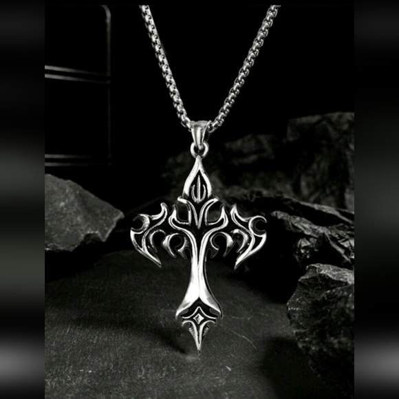 Stainless Steel Flaming Cross with Black accents Pendant Necklace. 21" - Picture 2 of 3